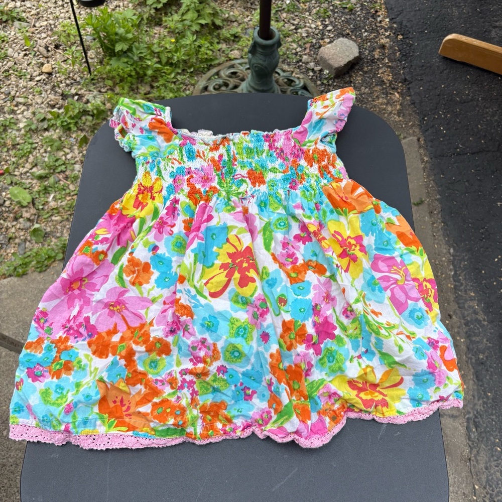 Pink and Orange Floral Dress with Ruffled Sleeves